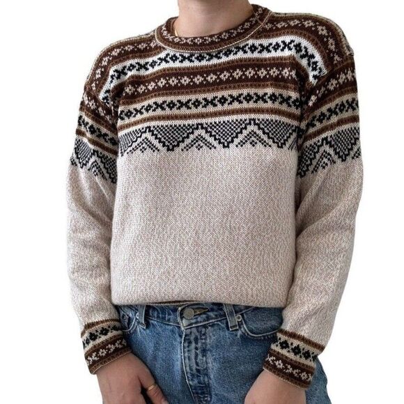 Peruvian Unisex 100% Alpaca Geometric Fair Isle Crew Neck Soft Hippie Sweater M - Picture 1 of 6